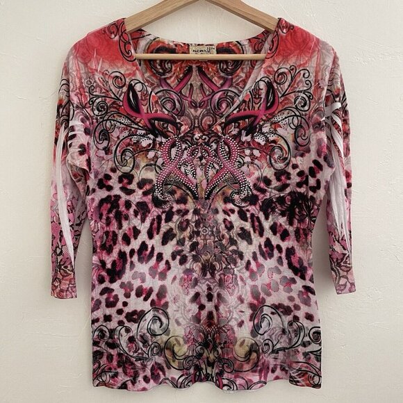 Y2K One World Rhinestone Pink Cheetah Print Whimsy Fairy Festival Top Artsy PM - Picture 1 of 12